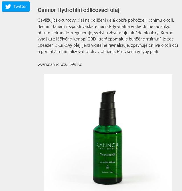 Dama.cz Hydrofilni olej, CBD, konopi, okurkovy olej, odlicovaci olej, cistici pece, CBD kosmetika, CANNOR, pazitka, v mediich, napsali o nas
