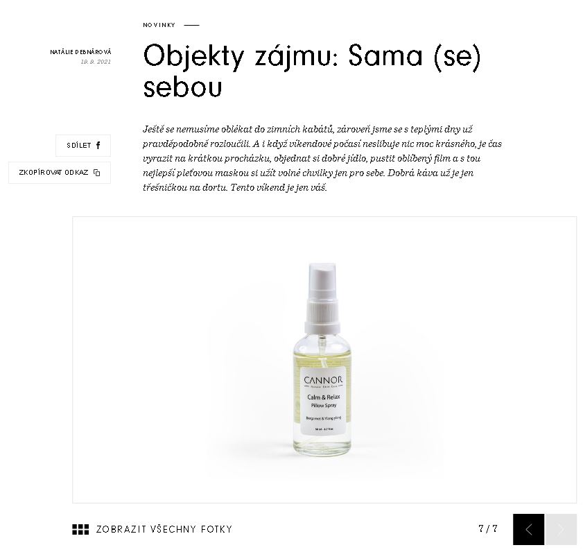 Objekty zajmu, VOGUE, Vogue.cz, Cannor, Pillow sprej, calm, relax, konopi, aromaterapie, napsali o nas, media, press, pazitka