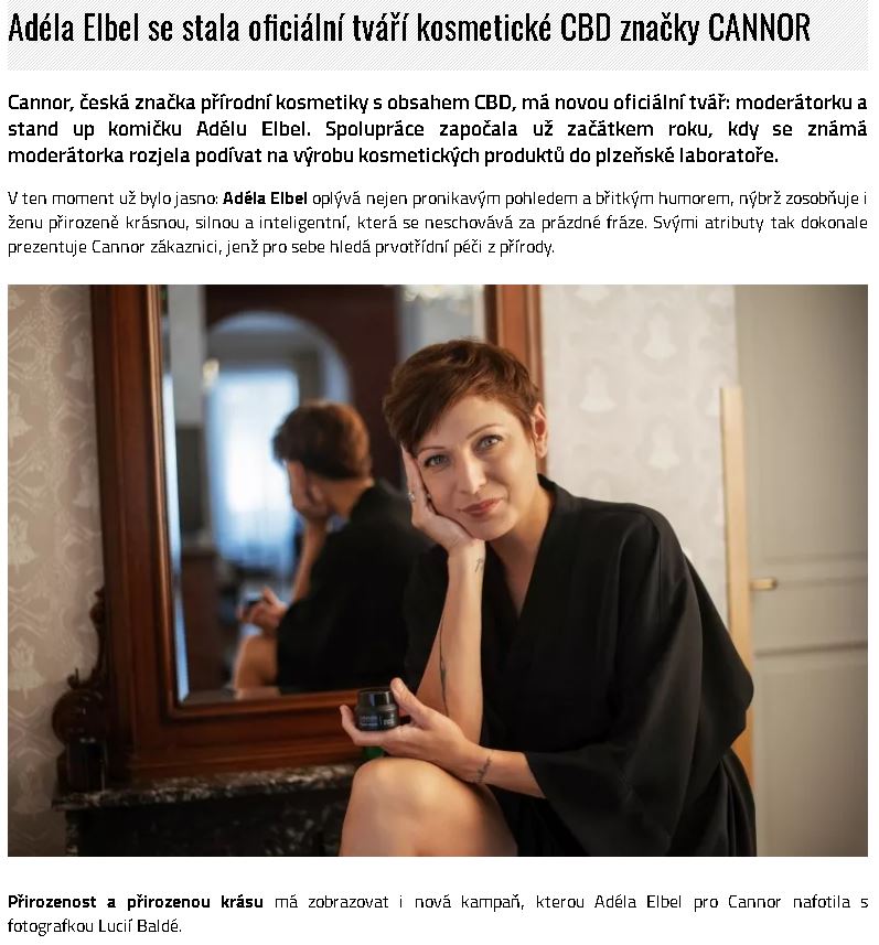 Zena in, konopi, CBD, konopna kosmetika, pazitka, CBD kosmetika, CANNOR, Plzen, v mediich, napsali o nas, recenze, Adela Elbel, tvar CANNOR, stand up,