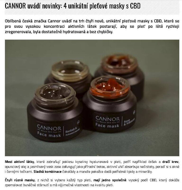 Zena in, masky, novinka, unikatni masky, CBD pletove masky, CBD kosmetika, CBD, lecive konopi, CANNOR, pazitka, media,