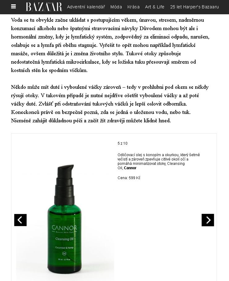 Harpers Bazaar, CANNOR, Cleansing oil, CBD, CBD kosmetika, odlicovaci olej, hydrofilni olej, okurka, pazitka, ocni okoli