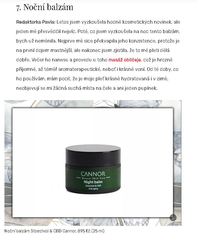 enprozeny, Recenze, Night balm, CANNOR, Pazitka, CBD kosmetika, nocni krem s CBD, Stoechiol, Plzen, anti age