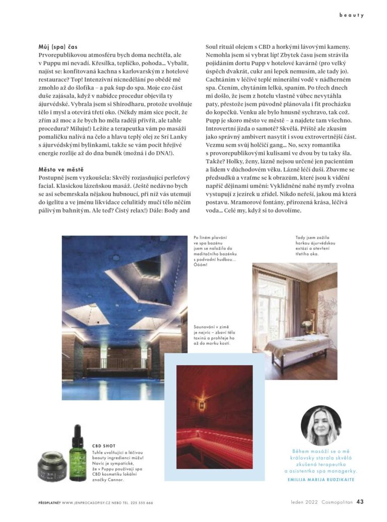 Cosmopolitan, recenze, Grandhotel Pupp, Spa ošetření, konopí, CBD, masáže, pleť, Karlovy Vary, Plzeň, Pažítka