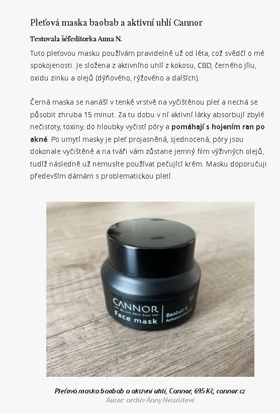 Recenze ZENY.CZ Pleťová maska Cannor Baobab a aktivní uhlí